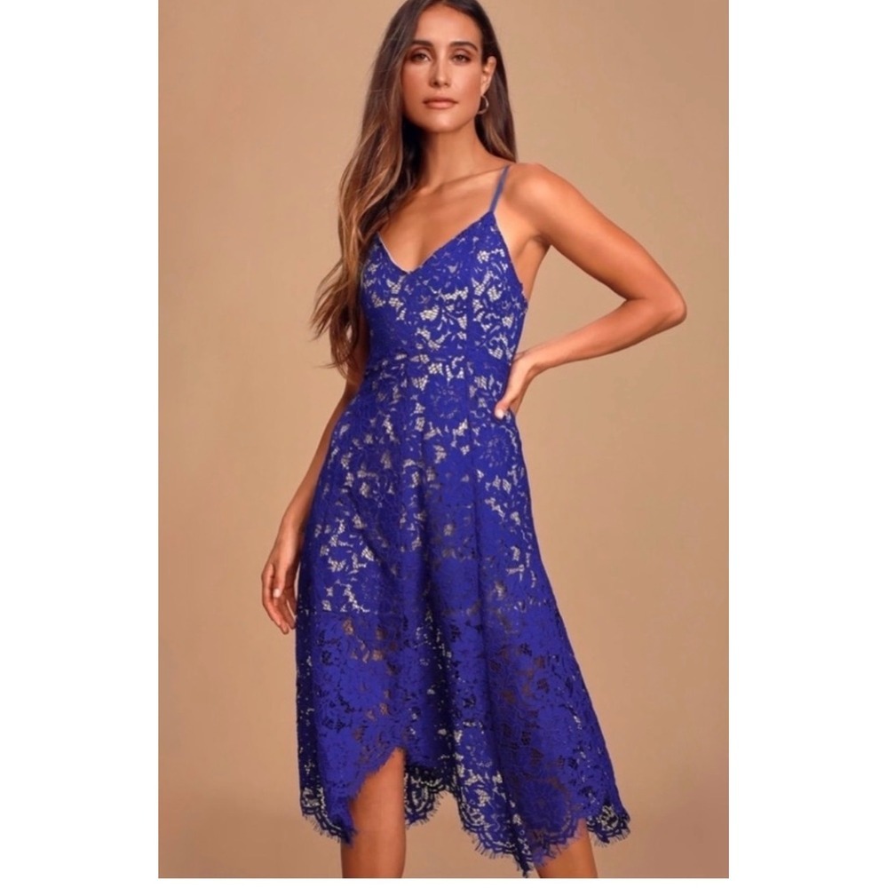 Lulus Love Poem Lace Dress Womens Size Medium Royal Blue‎ Handkerchief Hem